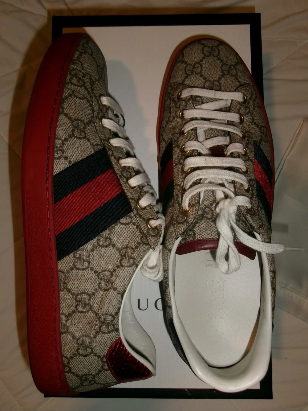 Gucci Brown Monogram Low-Top Sneakers with Red & Green Stripes